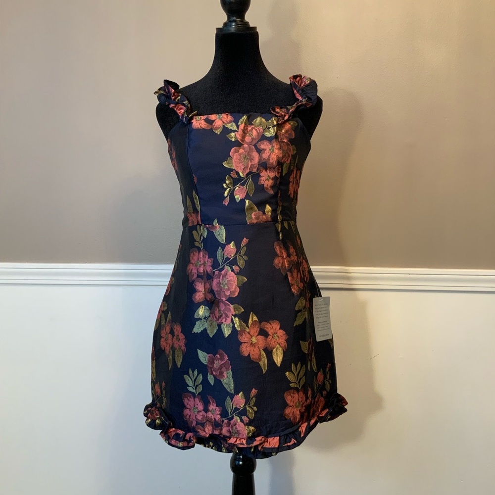 NWT Lulu's Pop the Bottle Metallic Floral Jacquard Cocktail Minidress